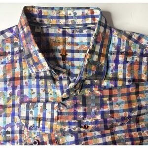 Luchiano Visconti Mens XL Paint Splatter Gingham Jacquard Button‎ Down Shirt